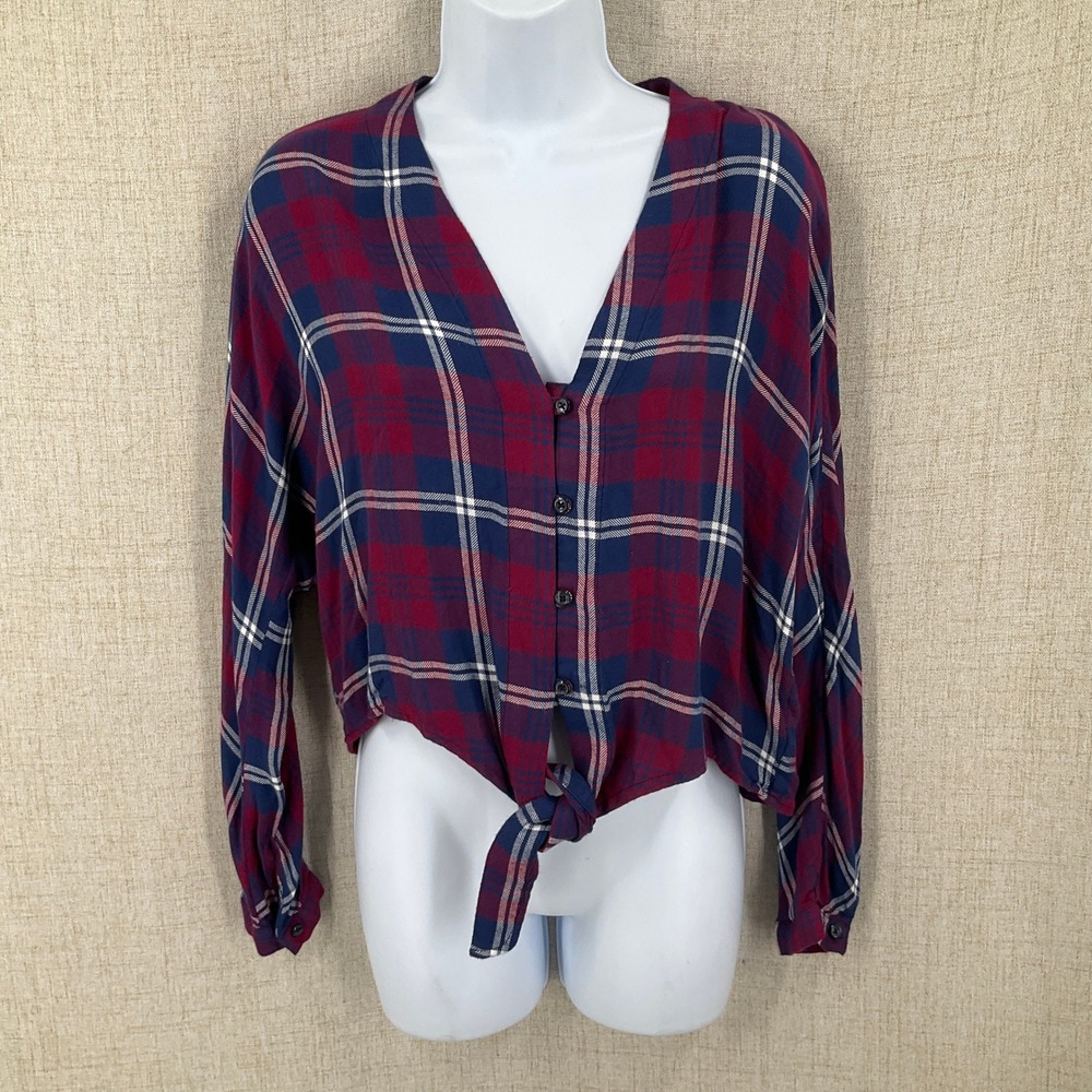 Rails Plaid Button Down Women Small Red Blue Tie Front Cropped Shirt Boho